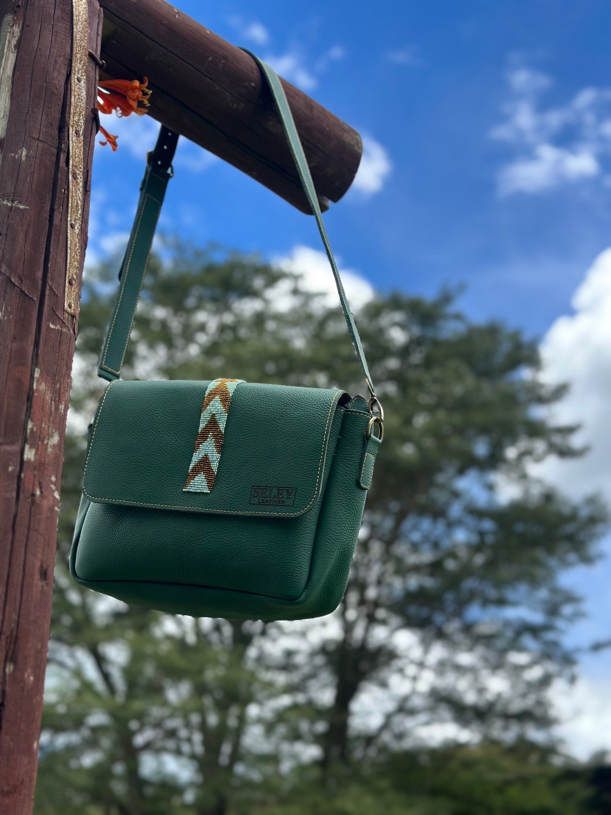 The Enkanashe Green Handbag — Seley full-grain leather handbag with Maasai chevron beadwork